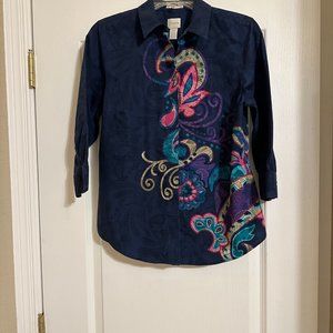 Chico's Sz 0 Tunic Top, Navy/Black Print w Artistic Design in the Front